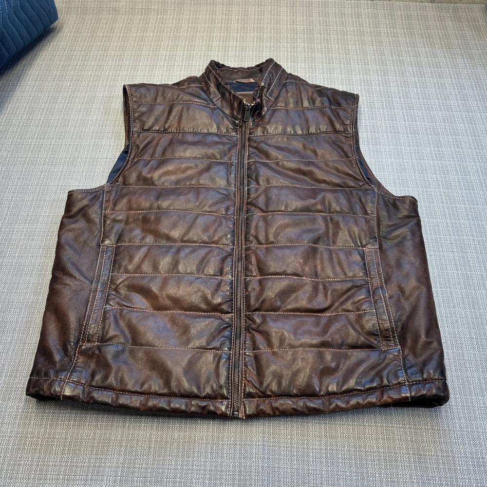 Patrick James Leather Puffer Vest Mens XXL Quilted Zip‎ Front Ranch Outdoors *